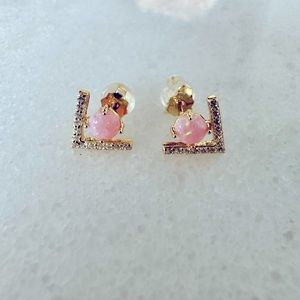 Round Pink Opal with modern V Sterling Silver Stud Earrings